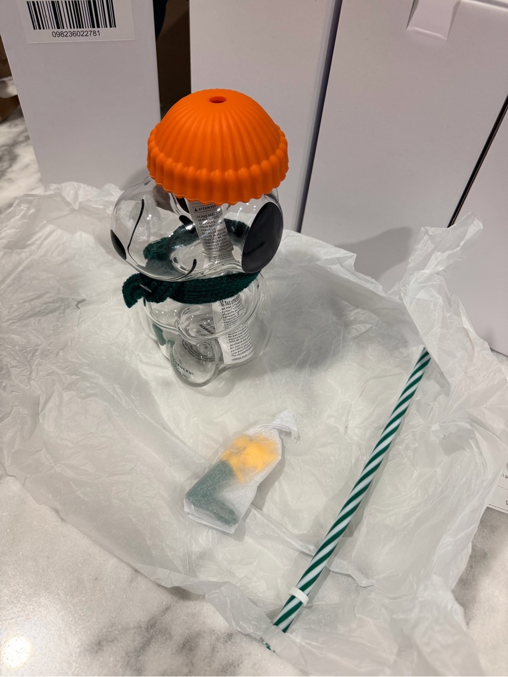 Starbucks Clear Bear-Shaped Drink Bottle with Orange Lid and Green Straw